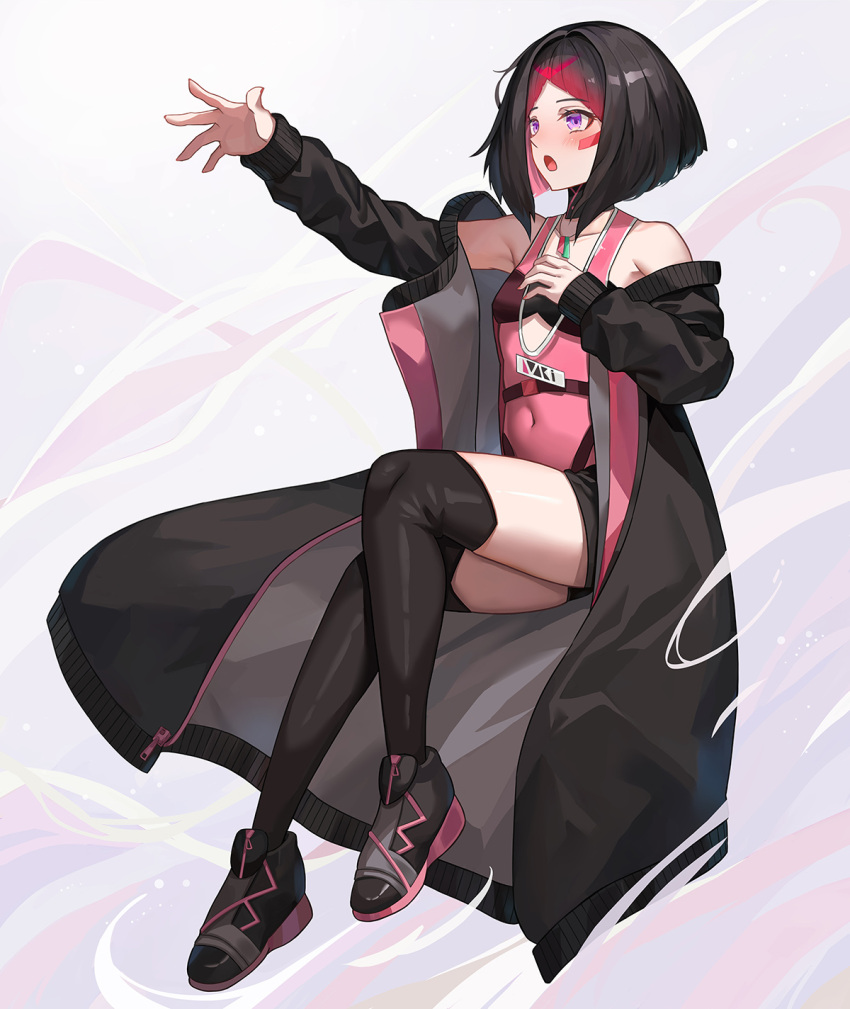 1girl azki_(2nd_costume)_(hololive) azki_(hololive) bare_shoulders bikini bikini_top_only black_bikini black_choker black_coat black_footwear black_hair black_panties black_shorts black_thighhighs bob_cut choker coat colored_inner_hair colored_shoe_soles commentary covered_navel dildo_under_clothes dress english_commentary facial_mark full_body hand_on_own_chest highleg highleg_panties highres hololive inverted_bob invisible_chair jiang_shennong looking_afar looking_ahead medium_hair multicolored_hair music outstretched_arm over-kneehighs panties panty_straps pink_dress pink_hair platform_footwear purple_eyes see-through see-through_dress see-through_midriff shoes short_dress short_shorts shorts singing sitting sleeveless sleeveless_dress sneakers solo strapless strapless_bikini swimsuit thighhighs underwear virtual_youtuber