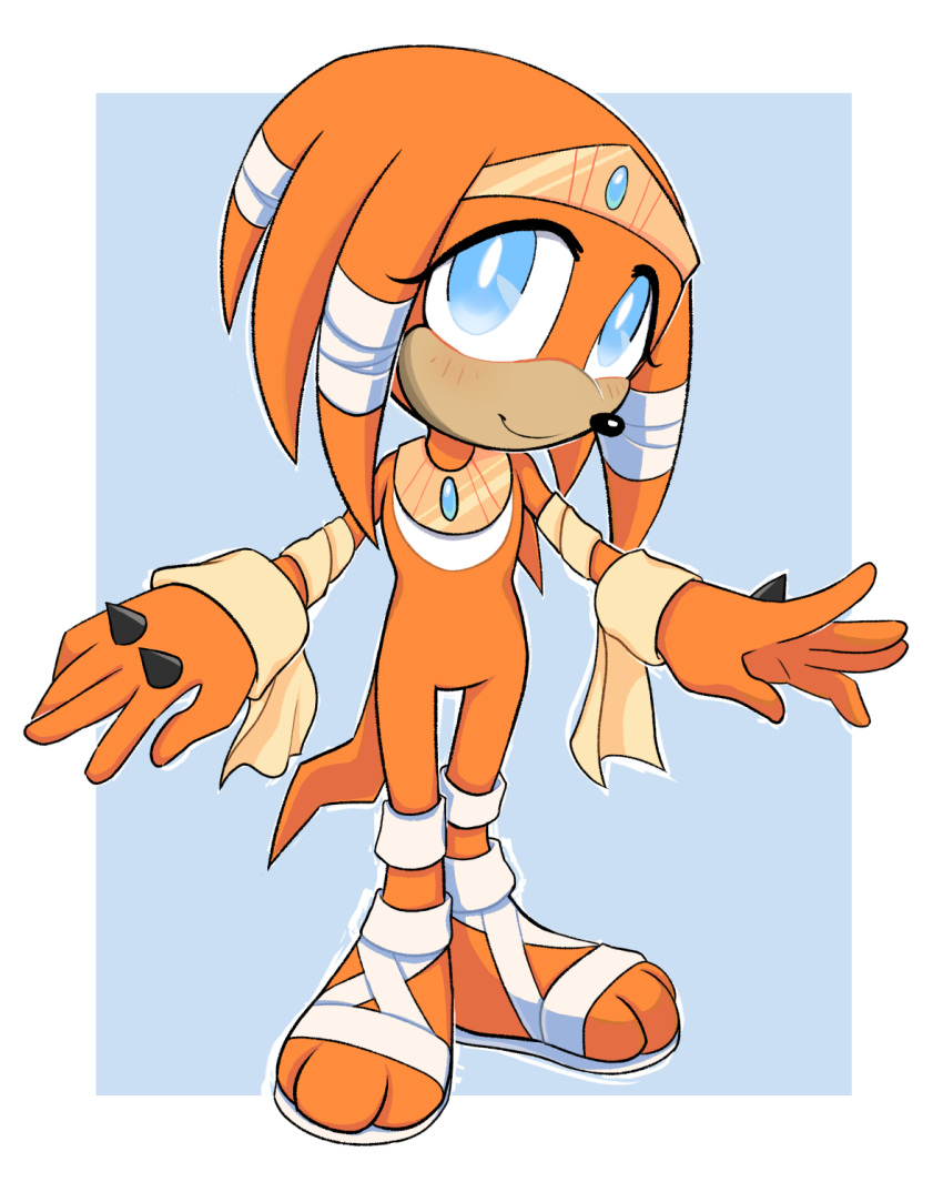 anthro blue_eyes breasts casual_nudity clothing dreadlocks echidna featureless_breasts featureless_crotch female footwear headgear headwear hearttheglaceon hi_res jewelry mammal monotreme necklace orange_body royalty sandals sega solo sonic_adventure sonic_the_hedgehog_(series) tikal_the_echidna wraps