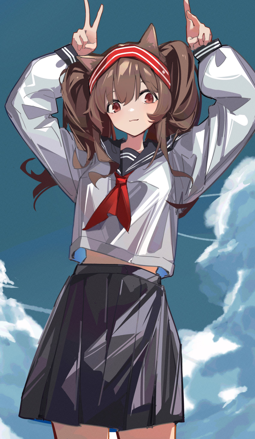 1girl absurdres alternate_hairstyle angelina_(arknights) animal_ears arknights arms_up black_sailor_collar black_skirt blue_sky brown_hair chichi_guai cloud double_v fox_ears hairband highres long_hair long_sleeves looking_at_viewer midriff_peek neckerchief pleated_skirt red_eyes red_hairband red_neckerchief sailor_collar sailor_shirt school_uniform serafuku shirt skirt sky solo standing twintails v white_shirt