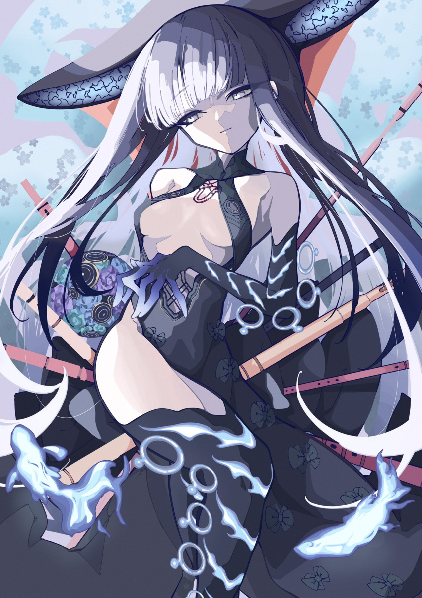 1girl bare_shoulders black_bow black_dress black_gloves black_hair black_headwear black_thighhighs blue_fire blunt_bangs bow center_opening collarbone dress elbow_gloves fate/grand_order fate_(series) fire fish floral_background flute full_body gloves highres instrument iregui_kamo long_hair pipa_(instrument) solo thighhighs very_long_hair yang_guifei_(fate) yang_guifei_(third_ascension)_(fate)