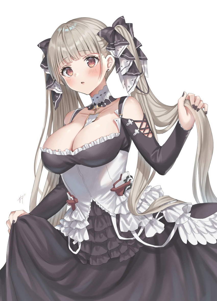 1girl azur_lane black_dress black_nails blush breasts cleavage dress earrings formidable_(azur_lane) frilled_dress frills grey_hair highres holding holding_hair jewelry large_breasts long_hair open_mouth oshage_(osyage921) red_eyes simple_background skirt_hold solo stud_earrings twintails very_long_hair white_background