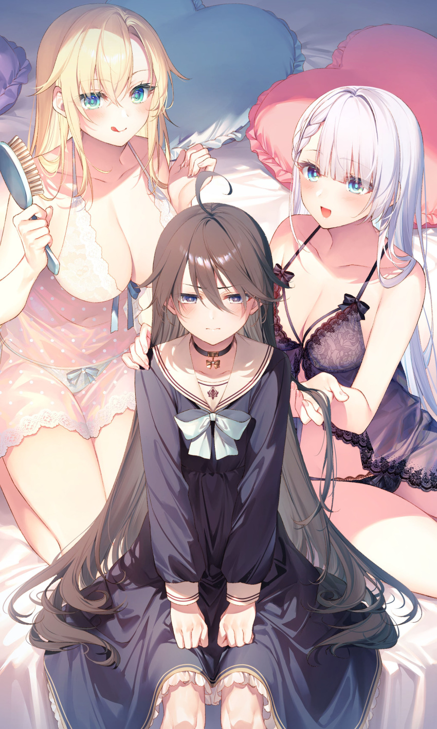 1boy 2girls absurdres aqua_eyes babydoll black_bra black_choker black_dress black_panties blonde_hair blue_eyes blush bra breasts brown_hair choker cleavage dress highres large_breasts leonis_death_magnus lingerie long_hair looking_at_viewer lyseria_christaria multiple_girls on_bed open_mouth panties purple_eyes regina_mercedes second-party_source see-through seiken_gakuin_no_maken_tsukai sitting smile tongue tongue_out toosaka_asagi underwear white_bra white_hair white_panties