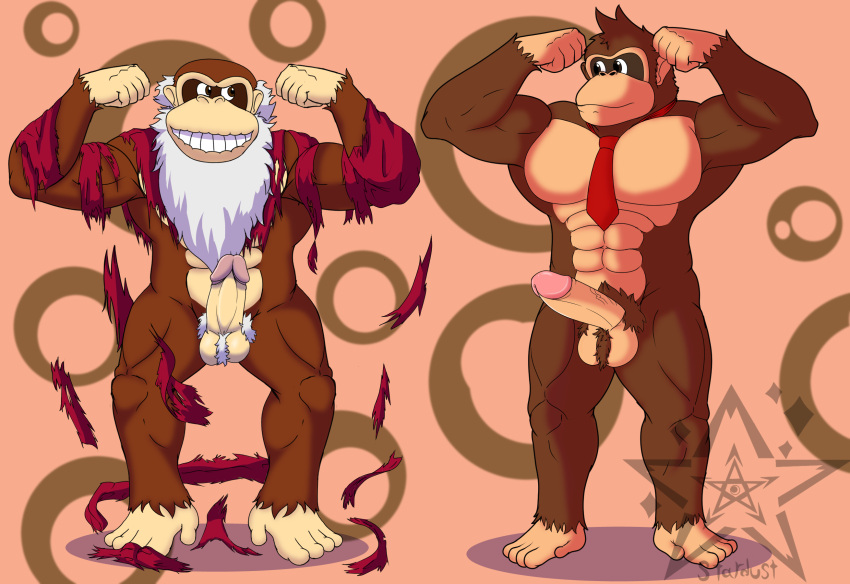 age_difference anthro ape barazoku brown_body brown_fur clothing cranky_kong donkey_kong_(character) donkey_kong_(series) duo facial_hair fafnir_stardust_(artist) father father_and_child father_and_son fur gorilla grey_hair hair haplorhine hi_res long_beard male mammal muscular muscular_male necktie nintendo older_male parent parent_and_child primate pubes red_necktie simple_background son torn_clothing