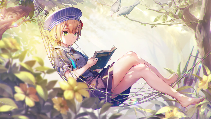 1girl bare_legs bird blonde_hair book flower green_eyes hammock hat heaven_burns_red highres holding holding_book maruyama_kanata non-web_source official_art outdoors short_hair short_sleeves skirt solo tree yellow_flower