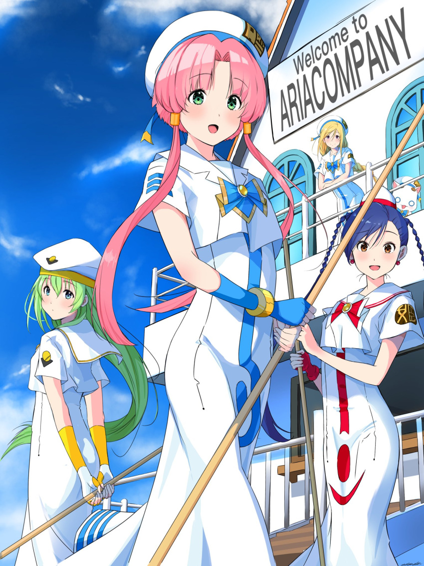 4girls against_railing aika_granzchesta alice_carroll alicia_florence andanden aqua_eyes aria aria_company_uniform aria_pokoteng beret blonde_hair blue_bow blue_bowtie blue_gloves blue_hair blue_sky blush bow bowtie braid braided_ponytail brown_eyes cat cloud cloudy_sky dress feet_out_of_frame fingerless_gloves from_behind gloves gold_bracelet gold_trim green_eyes green_hair hair_tubes hat hat_ribbon highres himeya_company_uniform holding holding_oar long_hair looking_at_viewer mizunashi_akari multiple_girls oar open_mouth orange_planet_uniform outdoors parted_bangs pink_hair purple_eyes railing red_bow red_bowtie red_gloves red_headwear ribbon shadow short_hair_with_long_locks short_sleeves single_glove sky swept_bangs twin_braids undine_(aria) white_dress white_gloves white_headwear