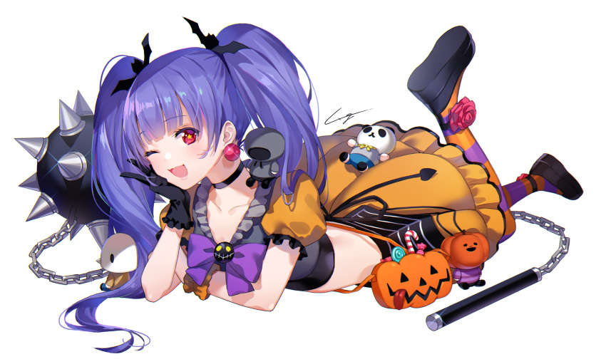 1girl bat_hair_ornament black_choker black_footwear black_gloves blunt_bangs bow character_request choker collarbone copyright_request earrings frilled_skirt frills gloves gomi_chihiro hair_ornament highres jack-o'-lantern jack-o'-lantern_ornament jewelry long_hair looking_at_viewer lying on_stomach one_eye_closed open_mouth orange_skirt pantyhose pink_eyes puffy_short_sleeves puffy_sleeves purple_bow purple_hair short_sleeves signature simple_background skirt solo star-shaped_pupils star_(symbol) striped striped_pantyhose stuffed_toy symbol-shaped_pupils twintails two-tone_shirt white_background