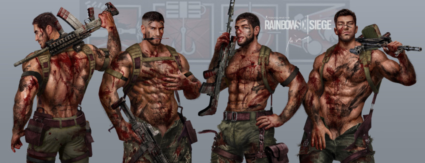 4boys abs absurdres armband artbyming back bara belt black_hair blood blood_on_clothes blood_on_face brown_belt copyright_name facepaint facial_hair fuze_(rainbow_six_siege) glaz_(rainbow_six_siege) green_pants gun highres holding holding_gun holding_weapon kapkan_(rainbow_six_siege) knife large_pectorals male_focus male_pubic_hair multiple_boys muscular muscular_male navel nipples pants pectorals penis penis_peek pubic_hair rainbow_six_siege short_hair tachanka_(rainbow_six_siege) tongue tongue_out topless_male torn_clothes torn_pants weapon weapon_in_mouth