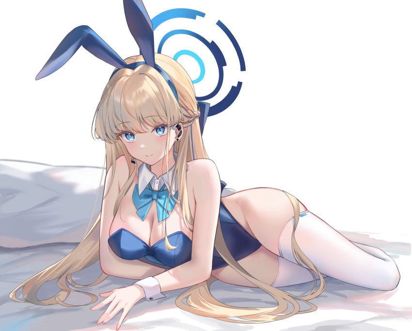 1girl animal_ears arm_rest bare_shoulders bed_sheet blonde_hair blue_archive blue_bow blue_eyes blue_hairband blue_leotard bow bowtie braid breasts cleavage closed_mouth detached_collar fake_animal_ears full_body hairband halo highleg highleg_leotard highres leotard long_hair lying medium_breasts official_alternate_costume official_alternate_hairstyle on_side pillow playboy_bunny rabbit_ears smile solo sora01o thighhighs thighs toki_(blue_archive) toki_(bunny)_(blue_archive) very_long_hair white_thighhighs wrist_cuffs