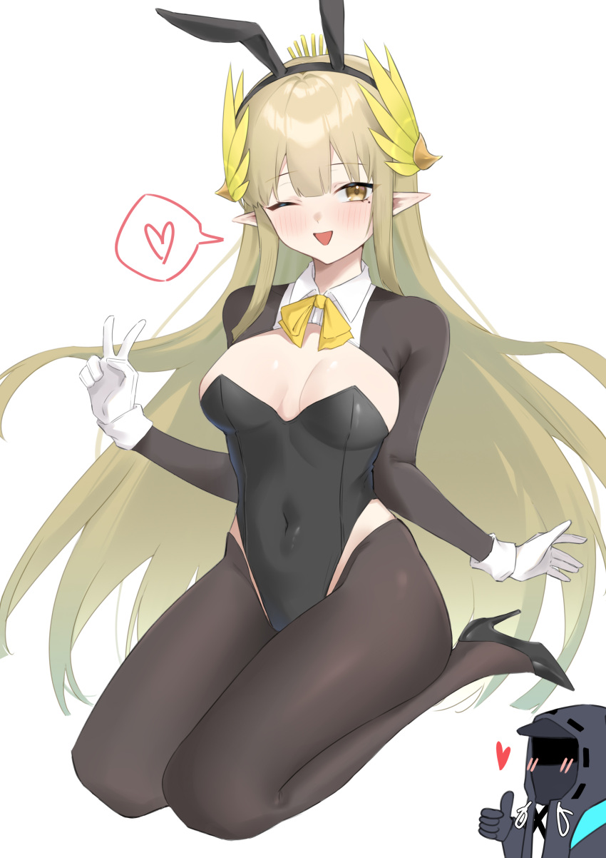 1girl 1other ;d absurdres animal_ears arknights black_footwear black_gloves black_leotard black_thighhighs blonde_hair blush bow bowtie breasts collar covered_navel detached_sleeves doctor dxao fake_animal_ears gloves heart high_heels highres laurels leotard long_hair looking_at_viewer medium_breasts meme_attire mole mole_under_eye muelsyse_(arknights) one_eye_closed open_mouth pointy_ears reverse_bunnysuit reverse_outfit seiza simple_background sitting smile solo_focus spoken_heart thighhighs v very_long_hair white_background white_collar white_gloves yellow_bow yellow_bowtie yellow_eyes