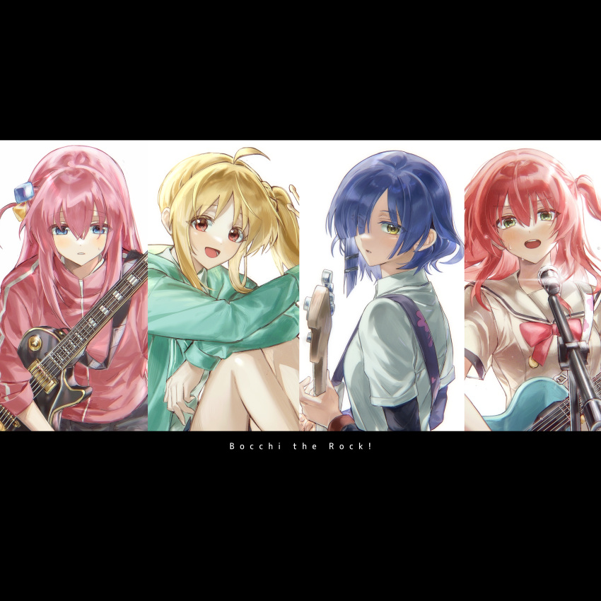 4girls absurdres ahoge asymmetrical_bangs bass_guitar blonde_hair blue_hair blush bocchi_the_rock! column_lineup copyright_name electric_guitar gibson_les_paul gotou_hitori guitar hair_over_one_eye highres hood hooded_jacket ijichi_nijika instrument jacket kita_ikuyo looking_at_viewer microphone microphone_stand multiple_girls one_eye_covered one_side_up pink_hair red_hair school_uniform side_ponytail sweatdrop track_jacket yamada_ryou zuzu_(wckd7545)