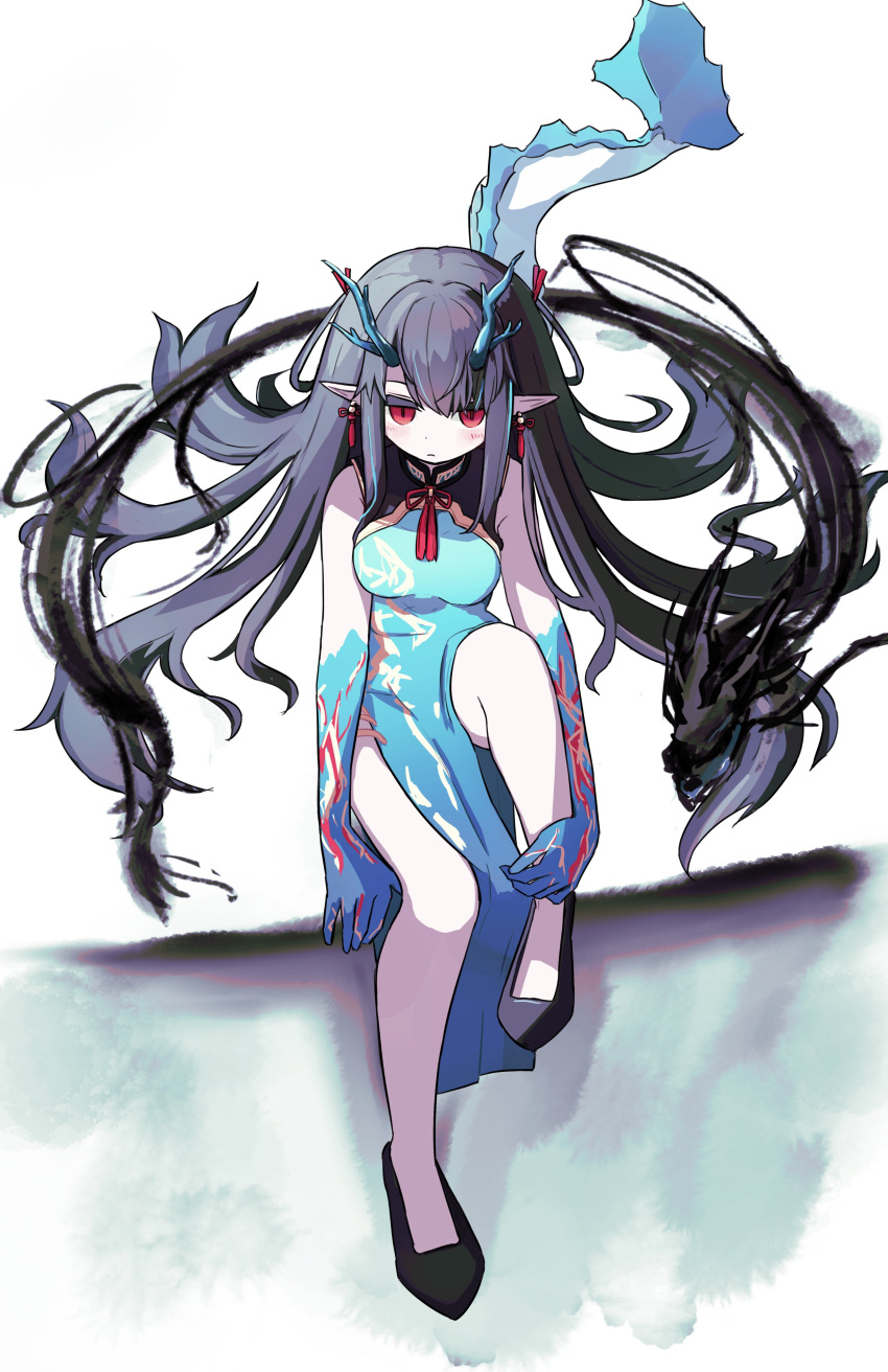 1girl absurdres aqua_dress aqua_skin arknights arm_support black_footwear black_hair chinese_clothes colored_skin dragon_girl dragon_horns dragon_tail dress dusk_(arknights) dusk_(everything_is_a_miracle)_(arknights) earrings floating_hair frown full_body highres horns ink jewelry knee_up long_hair looking_at_viewer neumo_(_neumo_) official_alternate_costume pelvic_curtain pointy_ears red_eyes shadow sleeveless sleeveless_dress solo tail very_long_hair