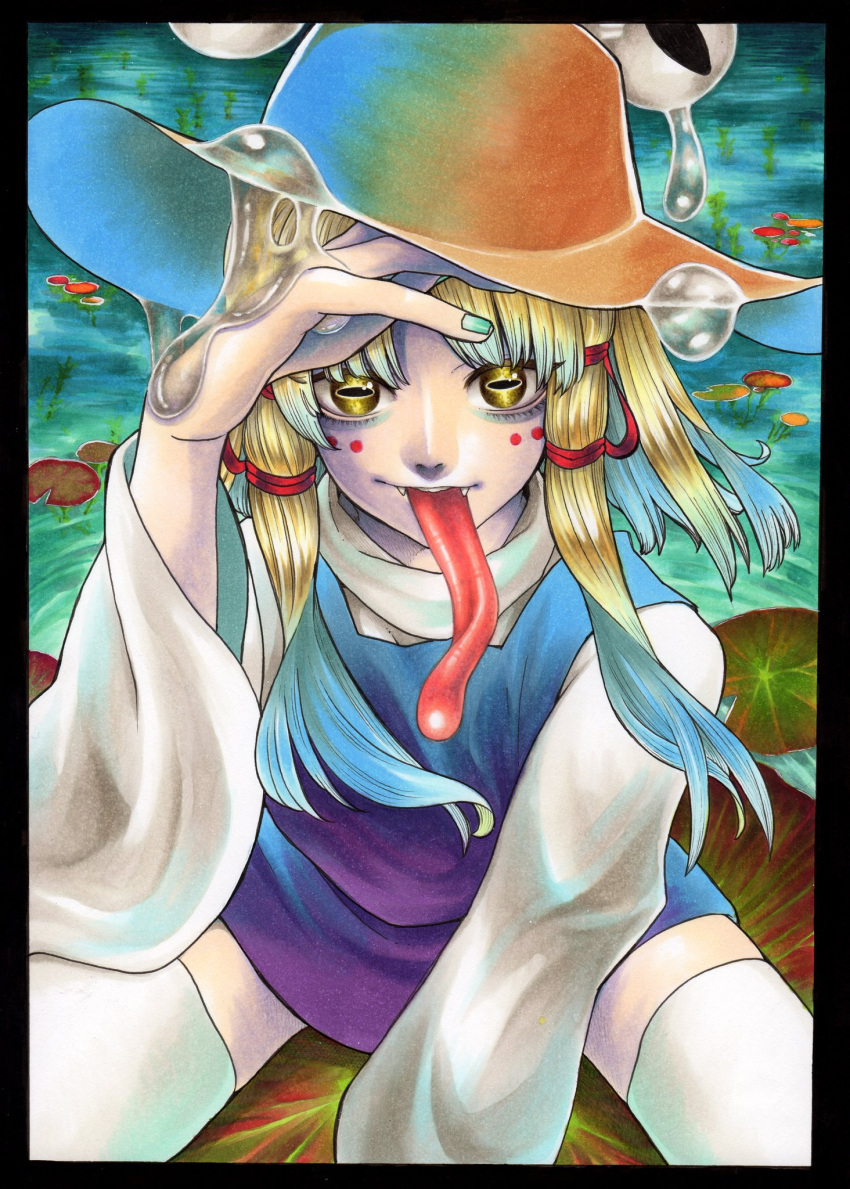 1girl blonde_hair bow brown_headwear drooling facial_tattoo fang fang_out fangs fangs_out frog_girl green_nails hair_bow hand_on_headwear hat highres horizontal_pupils leaf long_sleeves long_tongue looking_at_viewer medium_hair moriya_suwako nail_polish pond purple_skirt purple_vest red_bow saliva sidelocks sitting skirt sweater tattoo teeth thighhighs tongue tongue_out touhou traditional_media turtleneck turtleneck_sweater upper_teeth_only vest water white_sweater white_thighhighs whoru wide_sleeves yellow_eyes