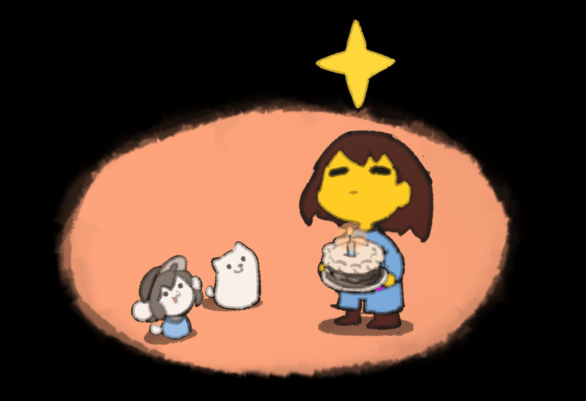 animal_ears anniversary annoying_dog birthday_cake blue_pants brown_footwear brown_hair cake closed_eyes closed_mouth dog dog_ears dog_tail food frisk_(undertale) happy_birthday highres pants shirt star_(symbol) striped striped_shirt tail temmie temmie_chang undertale