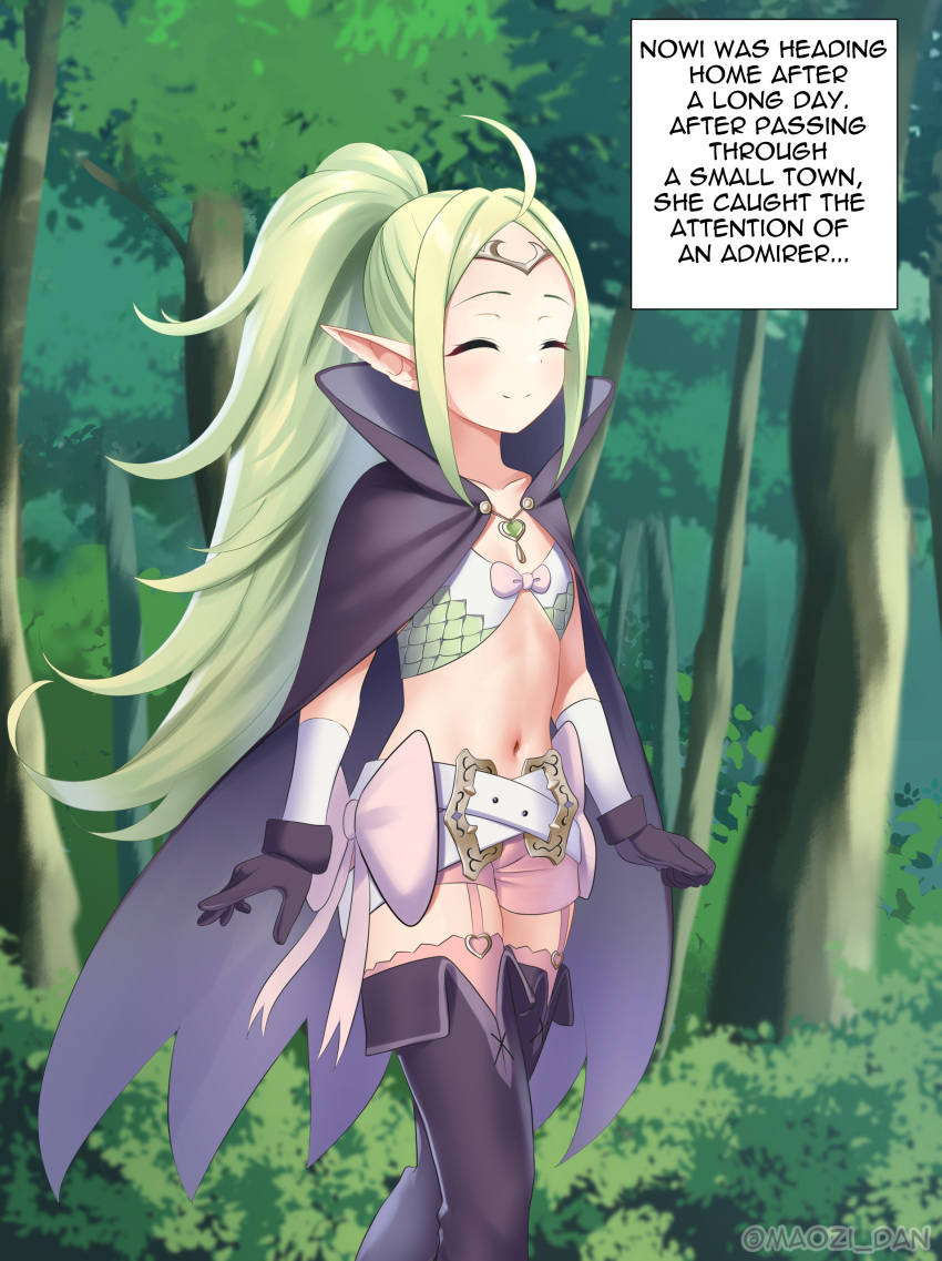 1girl absurdres ahoge belt blush boots bow breasts cape circlet closed_eyes closed_mouth collarbone commentary commission english_commentary english_text feet_out_of_frame fire_emblem fire_emblem_awakening forehead forest gloves green_hair highres long_hair maozi_dan nature navel nowi_(fire_emblem) outdoors pink_bow pink_shorts pink_thighhighs pointy_ears ponytail purple_cape purple_footwear purple_gloves short_shorts shorts sidelocks small_breasts smile solo standing stomach thigh_boots thighhighs tree twitter_username variant_set very_long_hair white_belt