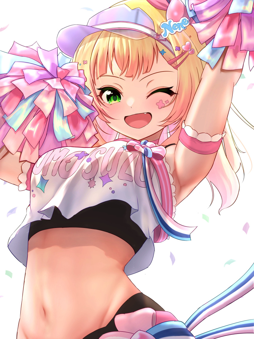 1girl ;d absurdres arm_up armpits blonde_hair cheerleader confetti crop_top green_eyes groin highres hololive looking_at_viewer marishia_holo midriff momosuzu_nene momosuzu_nene_(4th_costume) navel one_eye_closed open_mouth pom_pom_(cheerleading) simple_background smile solo upper_body virtual_youtuber visor_cap white_background