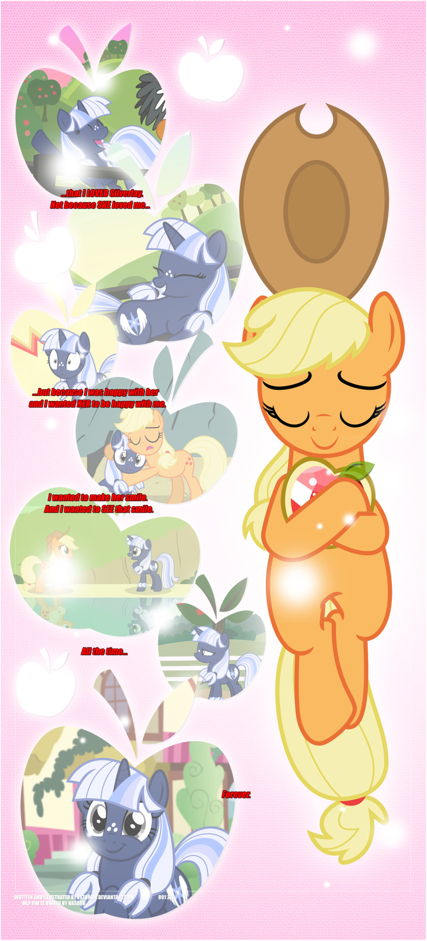 absurd_res apple apple_tree applejack_(mlp) bangs black_border border brooch canon_x_oc character_narrating clothing cowboy_hat cutie_mark dialogue duo earth_pony embrace equid equine estories eyes_closed female feral food freckles freckles_on_face friendship_is_magic fruit fruit_tree hasbro hat hat_off hat_ornament headgear headwear hi_res horn horse hug lake mammal my_little_pony plant pony ponyville remembering silverlay_(estories) smile tree unicorn wide_eyed