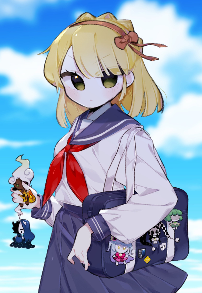 1girl absurdres alternate_costume blonde_hair blue_serafuku blue_skirt blue_sky blush bow bow_hairband braid character_doll charm_(object) closed_mouth crown_braid hairband highres holding_charm king_of_greed knight_of_despair library_of_ruina long_sleeves looking_at_viewer nanle neckerchief nihil_(project_moon) orange_bow orange_hairband pleated_skirt project_moon queen_of_hatred red_neckerchief school_uniform serafuku servant_of_wrath skirt sky solo tiphereth_a_(project_moon)