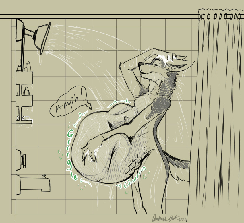 2023 abdominal_bulge absurd_res ambiguous_gender ambiguous_prey anthro arkailart bathing belly big_belly canid canine canis casual_vore churn countershading curled_up digestion digestion_noises duo foot_imprint fully_inside golden_jackal hi_res holding_belly holding_head hyper hyper_belly imminent_digestion imprint jackal male male_pred mammal muffled nude paw_imprint portrait restricted_palette rumbling_stomach same_size_vore shower showering slim solo_focus sound_effects standing stuttering suds three-quarter_portrait vore wet