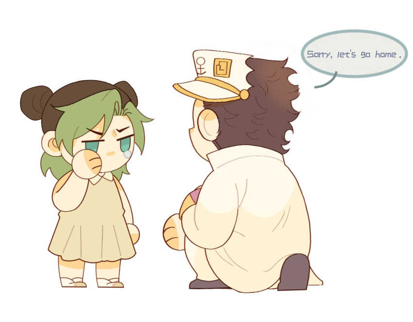 1boy 1girl black_hair chibi child coat cone_hair_bun crying crying_with_eyes_open diamond_wa_kudakenai double_bun dress father_and_daughter green_eyes green_hair hair_bun hat jojo_no_kimyou_na_bouken kujo_jolyne kujo_jotaro multicolored_hair on_one_knee stone_ocean tears two-tone_hair white_coat wiping_tears zhoujo51