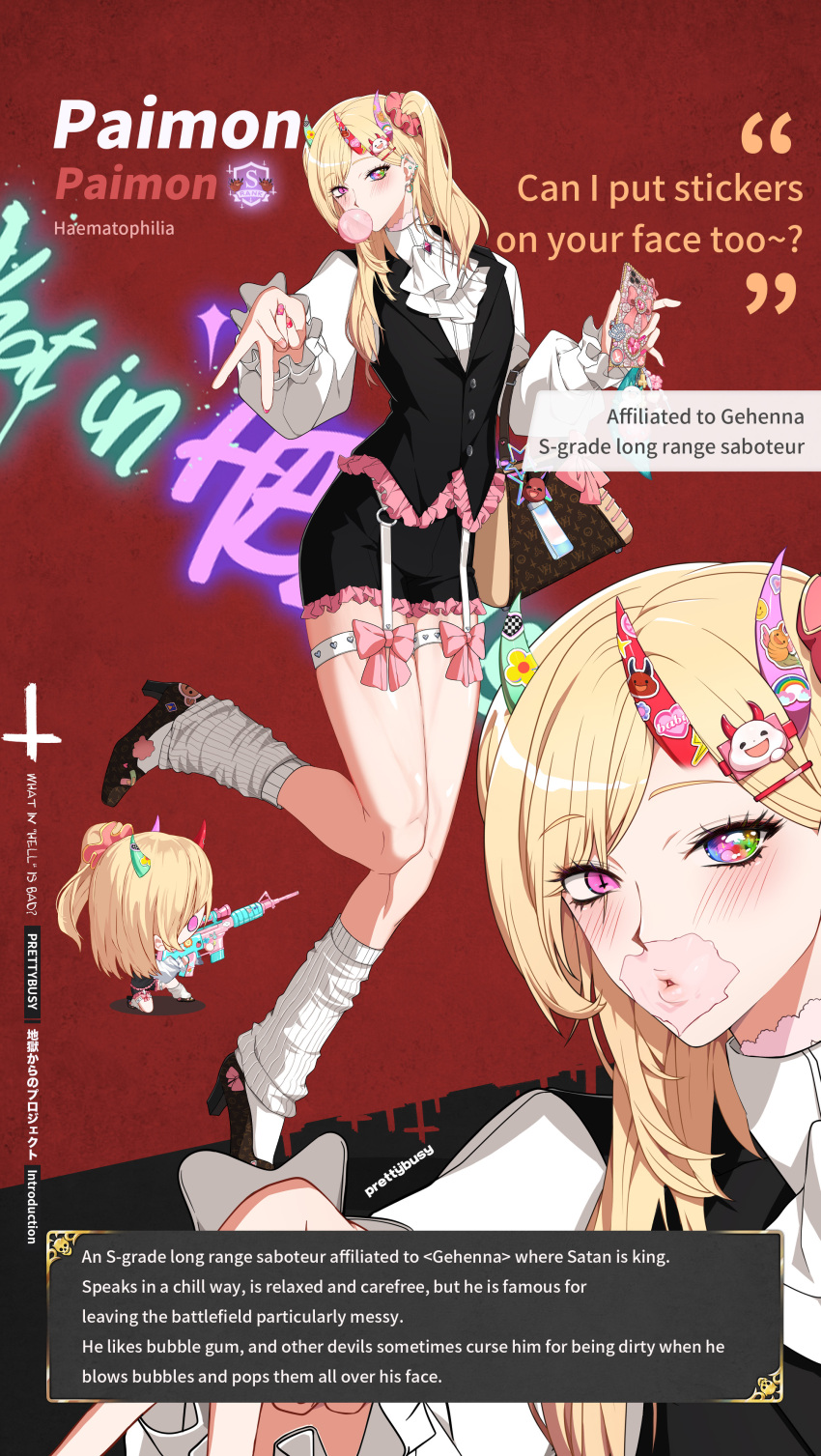 1boy absurdres blonde_hair blush bubble_blowing chewing_gum chibi cross-shaped_pupils full_body gyaru gyaruo hair_ornament hair_scrunchie hairclip highres jabot kogal looking_at_viewer male_focus multicolored_eyes multiple_views official_art otoko_no_ko paimon_(what_in_hell_is_bad) pink_nails pink_ribbon ribbon scrunchie symbol-shaped_pupils twintails what_in_hell_is_bad