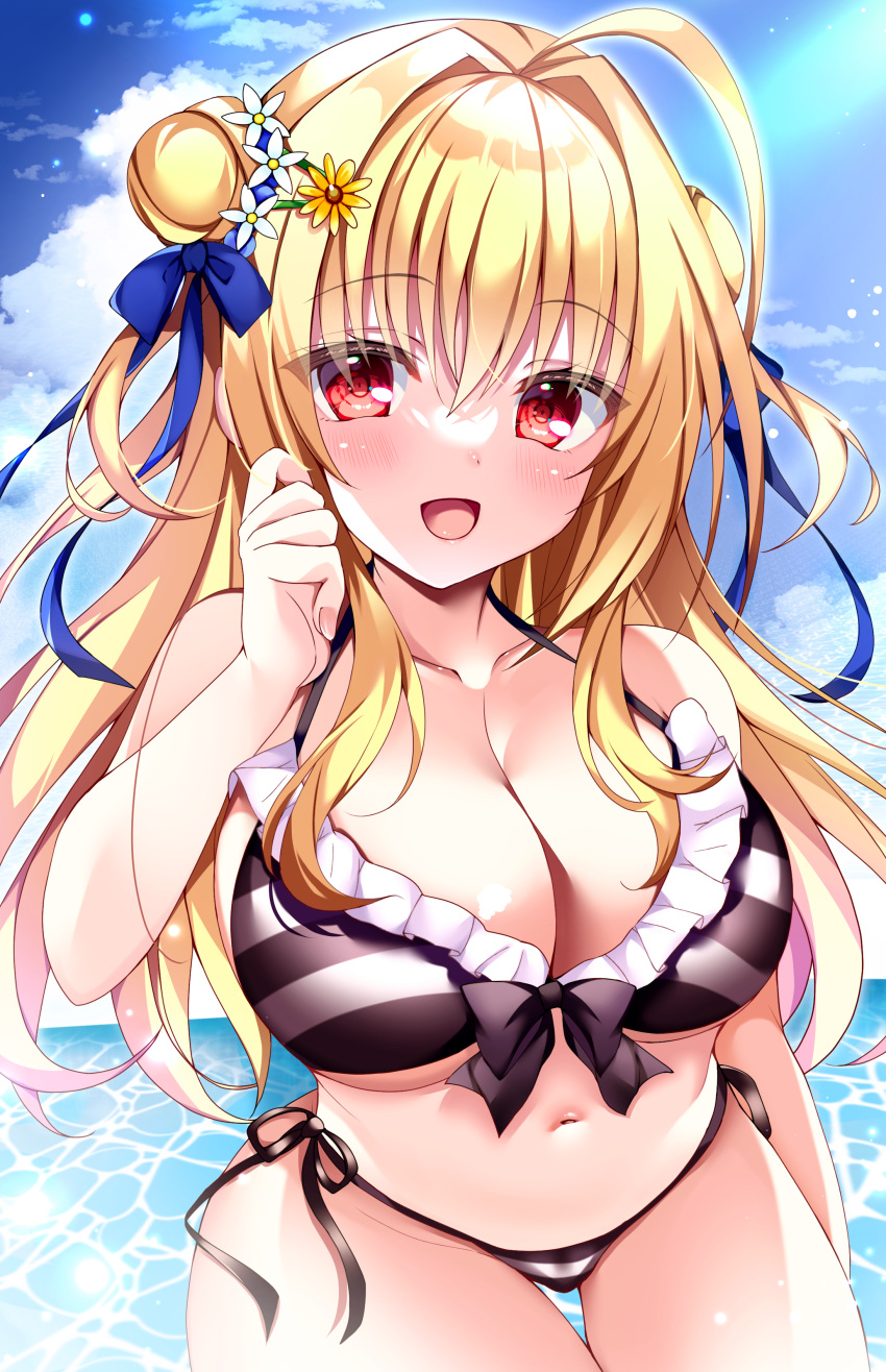 1girl :d absurdres ahoge arm_at_side bare_arms bikini blonde_hair blue_ribbon blue_sky blush bow bow_bikini breasts cleavage cloud commentary_request day double_bun eyelashes eyes_visible_through_hair flower frilled_bikini frills groin hair_between_eyes hair_bun hair_flower hair_intakes hair_ornament hair_ribbon hakugan halterneck hamidashi_creative hand_up happy highres izumi_hiyori large_breasts lips long_hair looking_at_viewer navel ocean open_mouth outdoors red_eyes ribbon side-tie_bikini_bottom sidelocks sky smile solo sunlight swimsuit thigh_gap two_side_up white_flower yellow_flower