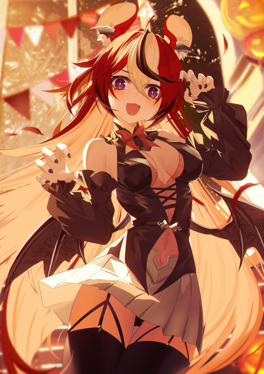 1girl :3 absurdres ahoge animal_ear_fluff animal_ears black_hair black_sleeves black_thighhighs black_wings blue_eyes blurry blurry_background blush bow bowtie breasts claw_pose colored_inner_hair demon_wings detached_sleeves fake_wings fang fingernails garter_straps hair_between_eyes hakos_baelz hands_up head_wings highres hololive hololive_english jiang_ye_kiri long_fingernails long_hair looking_at_viewer medium_breasts mouse_ears mouse_girl multicolored_hair open_mouth pleated_skirt red_bow red_bowtie red_hair skirt sleeveless smile solo streaked_hair string_of_flags thighhighs very_long_hair virtual_youtuber white_hair white_skirt wings