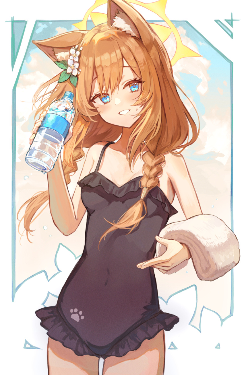 1girl animal_ear_fluff animal_ears bare_shoulders black_one-piece_swimsuit blue_archive blue_eyes bottle braid cowboy_shot flower frilled_one-piece_swimsuit frills hair_flower hair_ornament halo head_tilt highres holding holding_bottle long_hair looking_at_viewer low_twin_braids mari_(blue_archive) mari_(swimsuit)_(blue_archive) official_alternate_costume one-piece_swimsuit orange_hair parted_lips paw_print plastic_bottle qc6 smile solo sweatdrop swimsuit towel twin_braids water_bottle