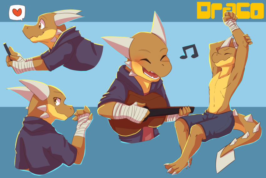 anthro bandaged_hand blue_bottomwear blue_clothing blue_shorts bottomwear cheek_spikes closed_smile clothed clothing eyes_closed facial_spikes glistening glistening_eyes guitar hi_res horn kobold kuttoyaki lying male mouth_closed musical_instrument on_front open_mouth open_smile orange_body playing_guitar playing_music plucked_string_instrument purple_clothing purple_topwear red_clothing red_topwear shorts simple_background sitting smile solo spikes spikes_(anatomy) string_instrument topless topwear white_horn yellow_body