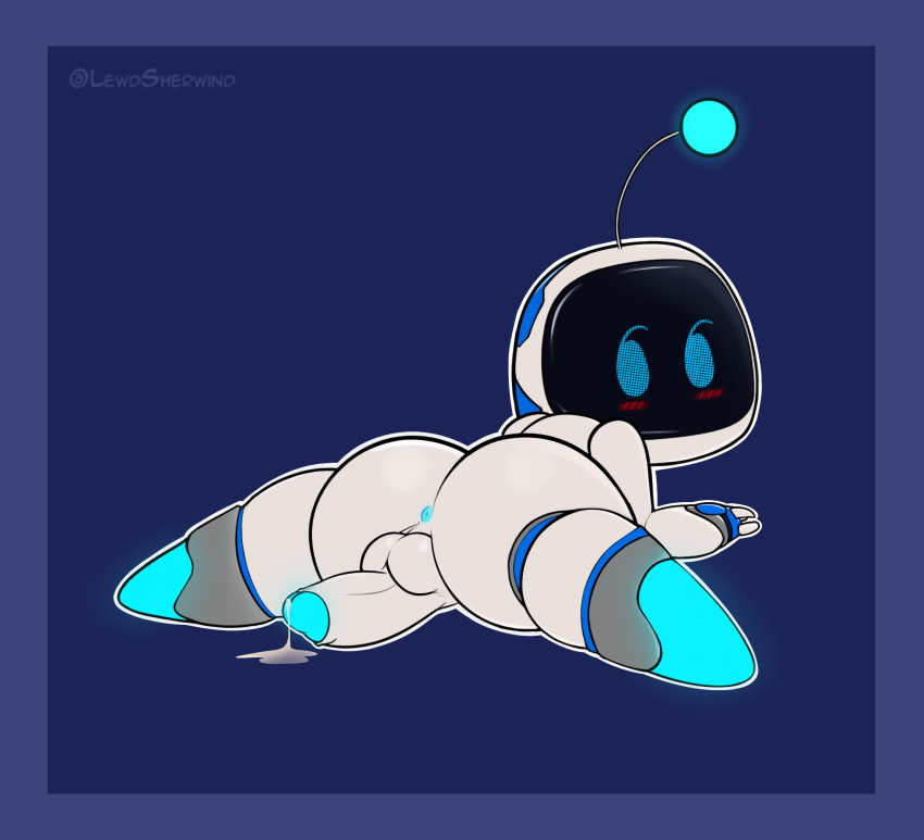 anus astro_(astro_bot) astro_bot_(series) balls blue_penis blush bodily_fluids butt cum erection genital_fluids genitals glistening glistening_body hi_res looking_back machine male penis rear_view robot sherwind52 solo spread_legs spreading wide_hips