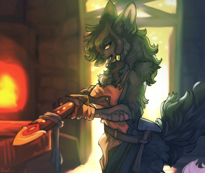anthro apron black_body black_fur blacksmith canid canine canis clothing female fur holding_object holding_sword holding_weapon hoot_(artist) mammal melee_weapon solo sword weapon wolf