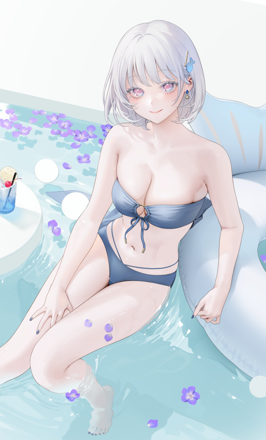 1girl afloat bare_shoulders blue_nails drink earrings fish_hair_ornament flower hair_ornament highres jewelry light_smile looking_at_viewer nacchan_(ohisashiburi) nail_polish navel ohisashiburi original pale_skin petals pink_eyes short_hair sitting smile solo swimsuit water white_background white_hair