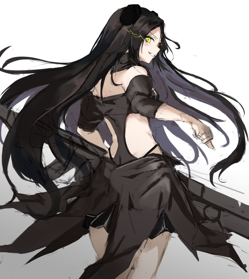 1girl bare_shoulders black_dress black_hair clothing_cutout commentary_request cowboy_shot dreamer_(girls'_frontline) dress evil_grin evil_smile eye_trail from_behind girls'_frontline green_eyes grin headgear highres holding holding_weapon light_trail long_hair looking_back marche_mk14 sangvis_ferri simple_background smile solo very_long_hair weapon