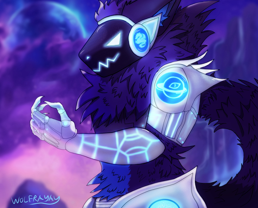 anthro armor bionic blue_body blue_eyes blue_fur cybernetics cyborg fur glowing half-length_portrait hi_res line_art machine male portrait protogen protogen_visor purple_body purple_fur robot robot_arm solo visor wolfrayay