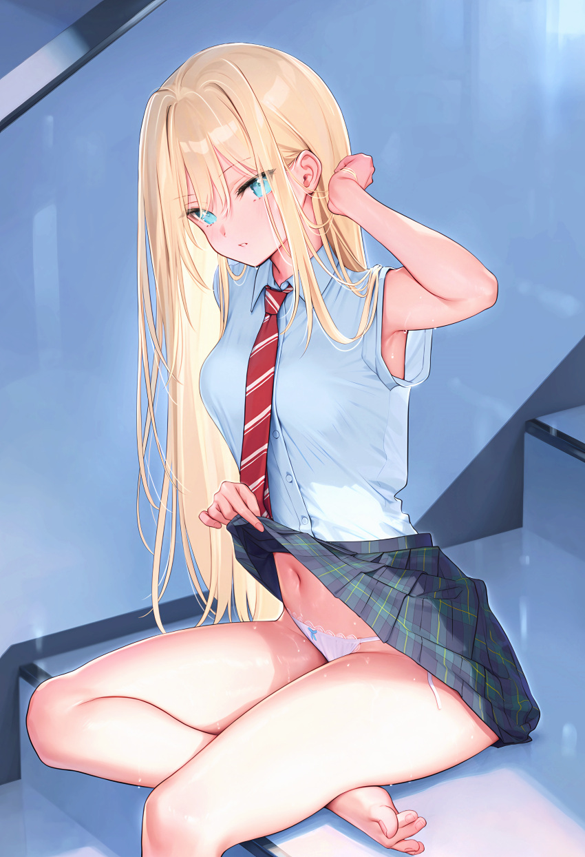1girl absurdres adjusting_hair arm_up armpits barefoot blonde_hair blue_eyes blue_skirt blush bow bow_panties buttons clothes_lift collared_shirt feet fingernails foot_out_of_frame hair_between_eyes head_tilt highres indoors lace-trimmed_panties lace_trim long_hair looking_at_viewer melonbooks mignon navel necktie original panties parted_lips plaid plaid_skirt pleated_skirt scan school_uniform shirt short_sleeves side-tie_panties sitting sitting_on_stairs skirt skirt_lift solo spread_toes stairs stomach string_panties sweat toenails toes underwear white_panties white_shirt