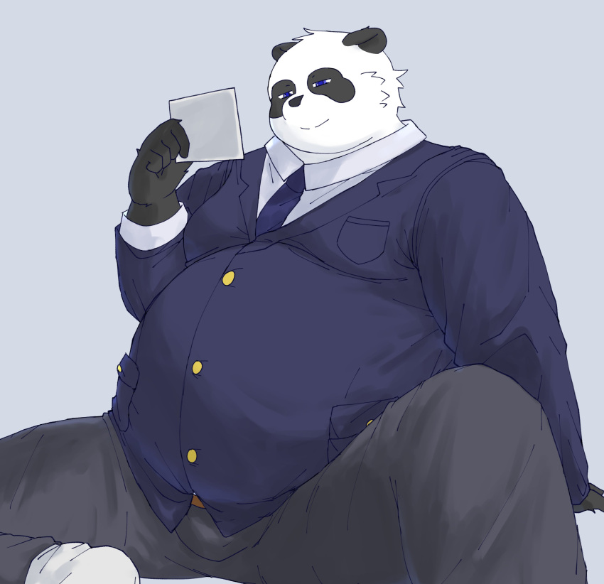 2023 absurd_res anthro bari_mu bear belly big_belly black_body black_nose bottomwear clothing giant_panda hi_res humanoid_hands kemono male mammal necktie overweight overweight_male pants shirt simple_background sitting solo topwear white_body