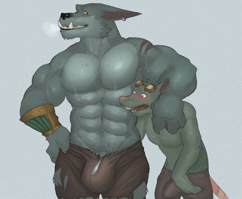 abs anthro bulge canid canine canis clothing duo ear_piercing eyewear fleshformomo fur goggles hi_res league_of_legends male male/male mammal murid murine muscular muscular_anthro muscular_male pecs piercing rat riot_games rodent torn_clothing twitch_(lol) warwick_(lol) wolf