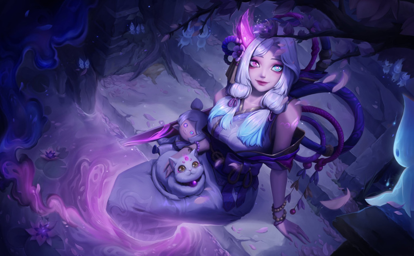 1girl animal bare_shoulders bead_bracelet beads bracelet breasts cat character_doll collarbone flower ghost green_eyes gwen_(league_of_legends) heterochromia highres japanese_clothes jewelry kimono kodama large_breasts league_of_legends long_hair looking_up low_twintails pink_eyes red_lips shoulder_tattoo smile spirit_blossom_(league_of_legends) stairs tattoo tree twintails water white_hair zeze_dubu