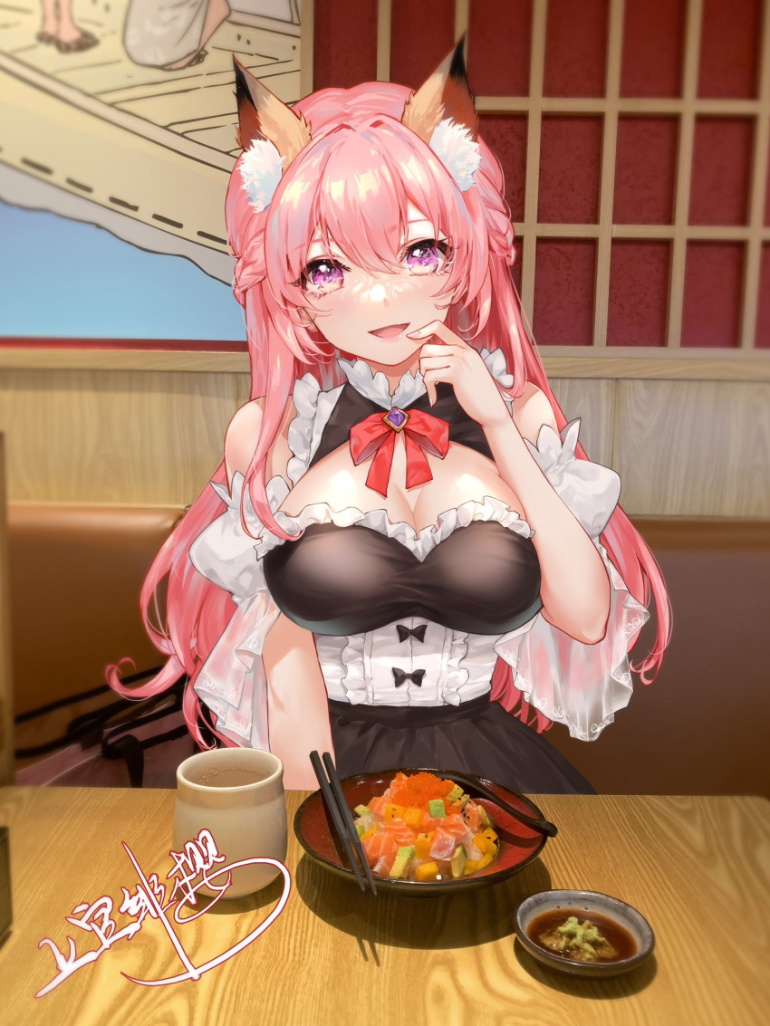 1girl :d animal_ear_fluff animal_ears bag bare_shoulders black_skirt braid breasts chopsticks cleavage commentary cup detached_sleeves food fox_ears hair_between_eyes hand_up highres indoors jokanhiyou large_breasts long_hair looking_at_viewer original photo_background pink_hair puffy_short_sleeves puffy_sleeves purple_eyes short_sleeves signature sitting skirt smile solo symbol-only_commentary very_long_hair white_sleeves wide_sleeves