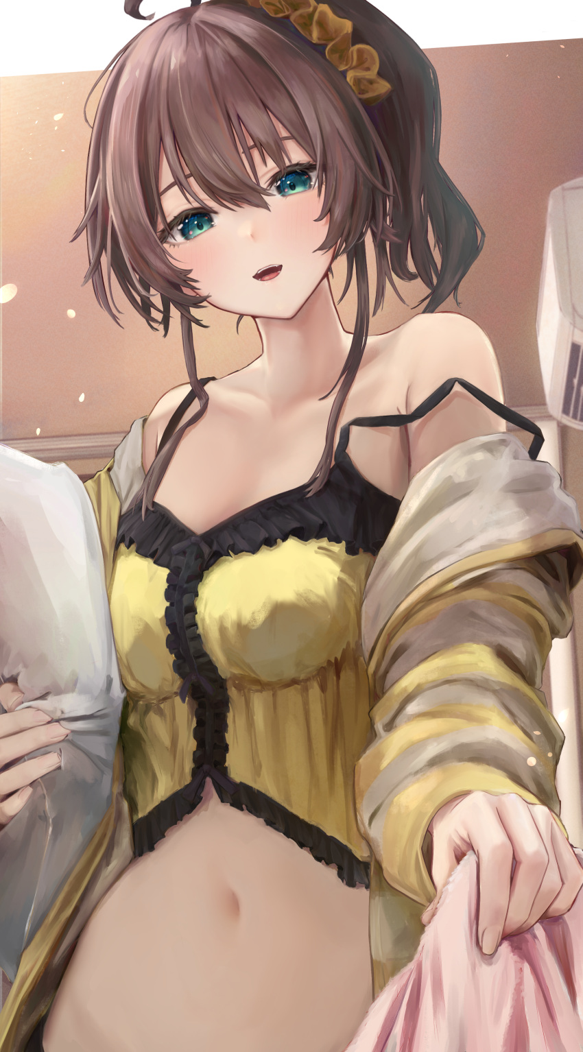 1girl absurdres ahoge air_conditioner aqua_eyes bare_shoulders brown_hair camisole clothes_pull collarbone commentary_request hair_between_eyes hair_ornament hair_scrunchie highres hinataaoi_(iraiuketsukechuu) holding holding_pillow hololive indoors jacket long_sleeves looking_at_viewer midriff natsuiro_matsuri natsuiro_matsuri_(matsuri's_day_off) navel off_shoulder official_alternate_costume open_clothes open_jacket open_mouth pillow puffy_long_sleeves puffy_sleeves pulled_by_another scrunchie shirt_pull side_ponytail smile stomach strap_slip striped striped_jacket teeth upper_body virtual_youtuber yellow_camisole yellow_jacket yellow_scrunchie