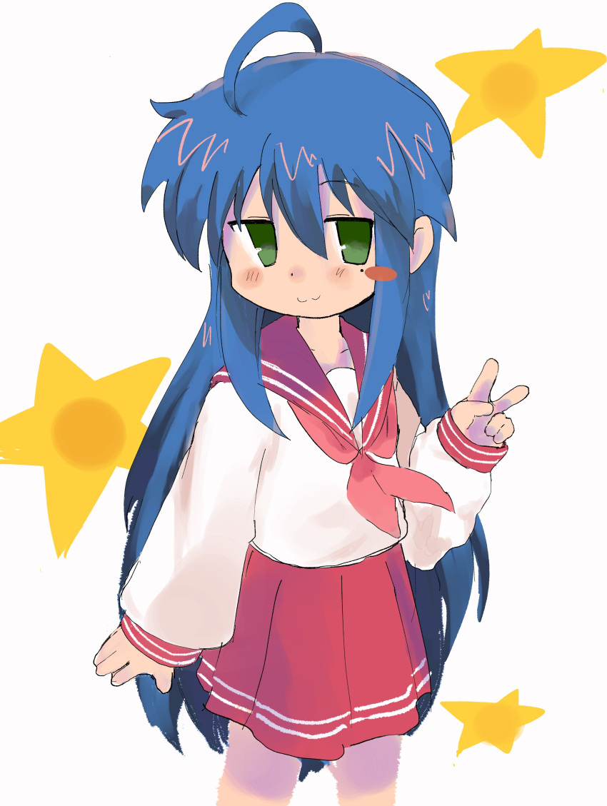 1girl :3 absurdres ahoge arm_at_side blue_hair blush blush_stickers collarbone dot_nose green_eyes hair_between_eyes highres izumi_konata jaggy_lines long_hair long_sleeves looking_at_viewer lucky_star neckerchief pink_neckerchief pizamanmgmg_1 red_sailor_collar red_serafuku red_skirt sailor_collar school_uniform serafuku shirt skirt sleeves_past_wrists solo star_(symbol) v very_long_hair white_background white_shirt