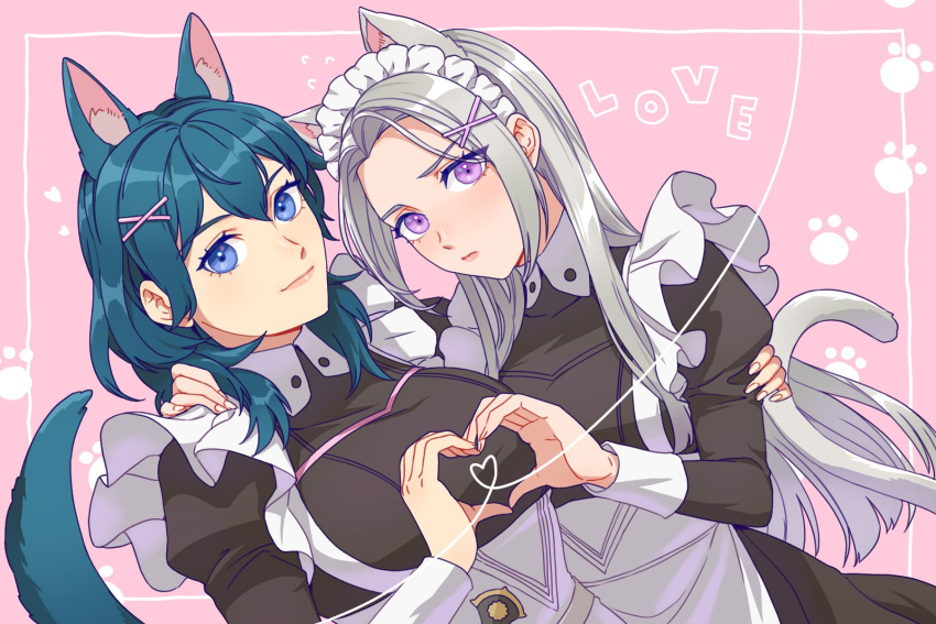 2girls animal_ears apron arm_around_back arm_around_shoulder black_dress blue_eyes blue_hair blush breasts byleth_(fire_emblem) cat_ears cat_girl cat_tail dress edelgard_von_hresvelg fire_emblem fire_emblem:_three_houses furrowed_brow grey_hair hair_between_eyes hair_ornament heart heart_hands heart_hands_duo highres juliet_sleeves kemonomimi_mode large_breasts light_smile long_hair long_sleeves looking_at_viewer maid_apron maid_headdress medium_breasts medium_hair multiple_girls parted_bangs pink_background puffy_sleeves purple_eyes radiostarkiller tail waist_apron white_apron x_hair_ornament