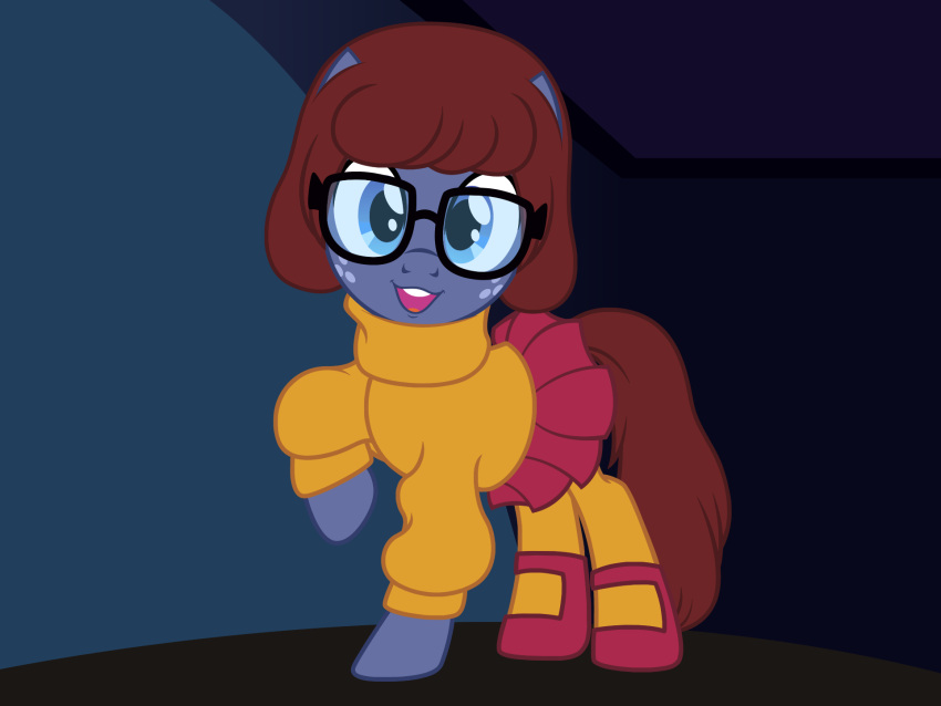 badumsquish blue_body blue_eyes blue_fur brown_hair clothed clothing crossdressing crossplay earth_pony equid equine eyewear footwear freckles friendship_is_magic fur glasses hair hanna-barbera hasbro hi_res horse looking_at_viewer male mammal my_little_pony open_mouth open_smile pony scooby-doo_(series) shoes smile star_tracker_(mlp) sweater topwear turtleneck velma_dinkley