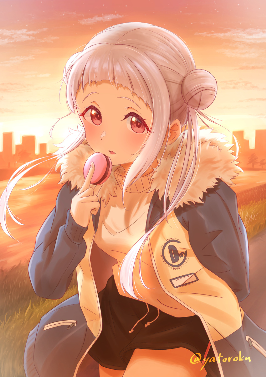 1girl absurdres arashi_chisato black_shorts coat cowboy_shot double_bun dusk food grey_hair hair_bun highres holding holding_food leaning_forward long_hair long_sleeves love_live! love_live!_superstar!! macaron open_clothes open_coat open_mouth red_eyes short_shorts shorts solo standing sweater twintails white_sweater yatoroku