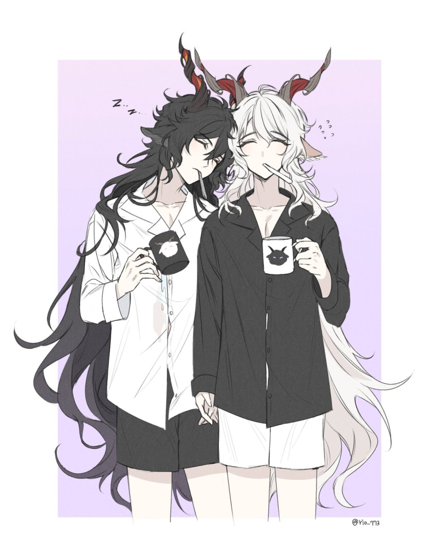 2boys animal_ears arknights black_hair black_shirt black_shorts border closed_eyes couple cowboy_shot cropped_legs cup ebenholz_(arknights) goat_boy goat_ears goat_horns head_tilt highres holding holding_cup holding_hands horns kreide_(arknights) long_hair matching_outfits mug multiple_boys pajamas purple_background rio_(rio773) shirt shorts sidelocks simple_background sleepy toothbrush toothbrush_in_mouth twitter_username very_long_hair white_hair white_shirt white_shorts yaoi zzz