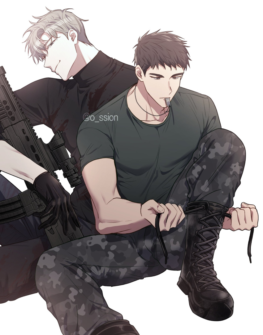 2boys absurdres black_gloves black_sweater boots brown_hair camouflage camouflage_pants dog_tags foot_out_of_frame gloves green_shirt grey_hair gun highres holding holding_weapon ilay_riegrow jeong_taeui light_smile long_sleeves looking_at_viewer male_focus multiple_boys o_ssion pants passion_(manhwa) rifle scope shirt short_hair short_sleeves sniper_rifle sweater turtleneck turtleneck_sweater tying_footwear weapon