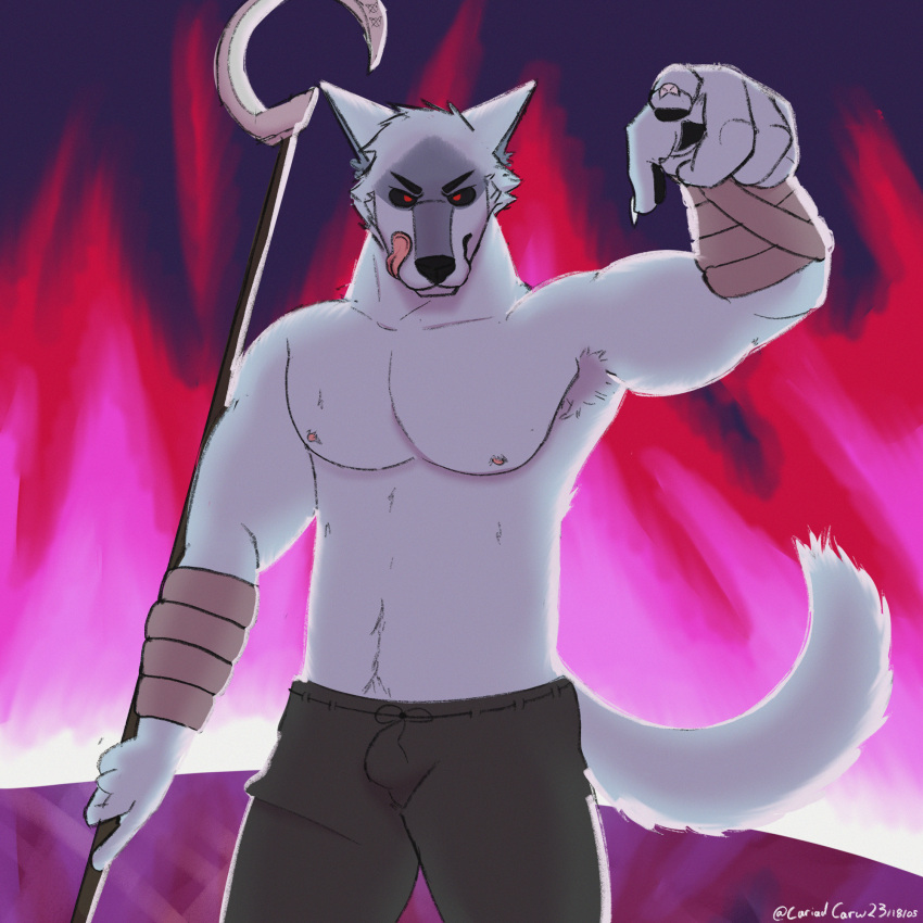 anthro armpit_hair body_hair bottomwear bulge canid canine canis cariadcarw chest_fur cloak clothing death_(puss_in_boots) fire fluffy fur grey_body grey_fur hi_res humanoid male mammal muscular pants pawpads pecs puss_in_boots_the_last_wish red_eyes shirtless solo tail tongue weapon wolf
