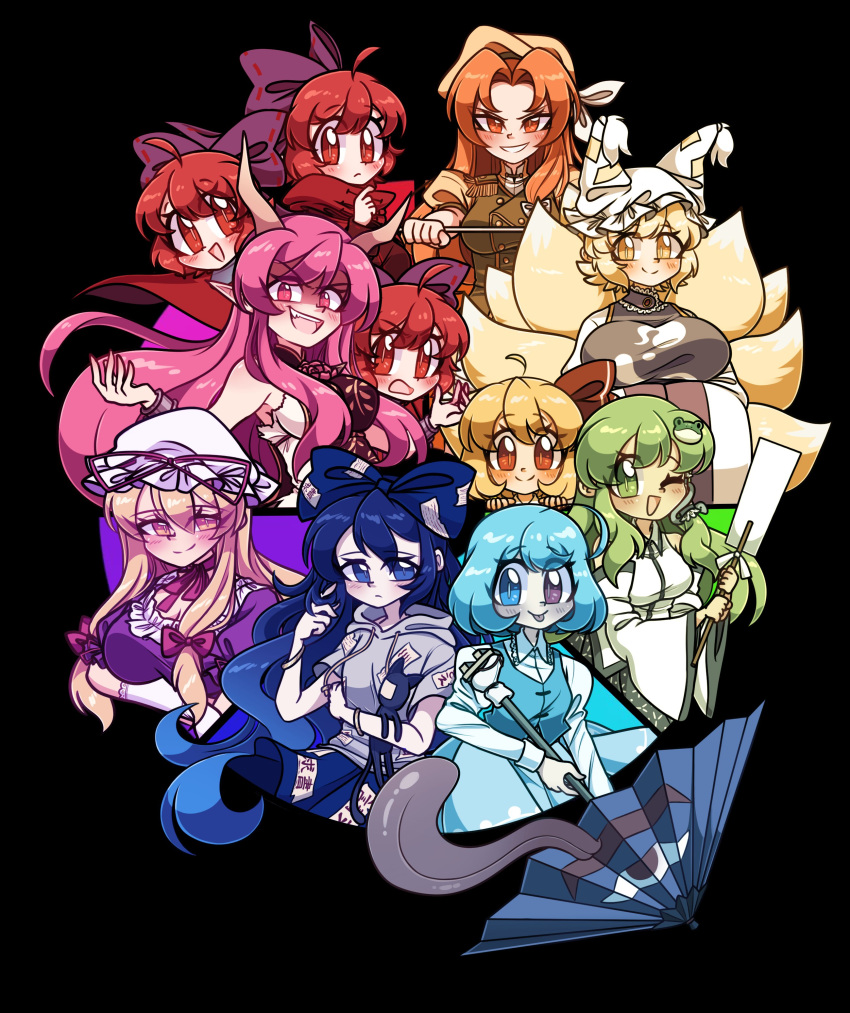 6+girls ;d absurdres ahoge black_background blonde_hair blue_eyes blue_hair blue_skirt blue_vest bow cloak closed_mouth commentary debt disembodied_head drawstring elbow_gloves english_commentary fox_tail frog_hair_ornament gloves gohei green_eyes green_hair hair_bow hair_ornament hair_ribbon hat hat_ribbon heterochromia highres holding holding_umbrella horns ibaraki_douji_(touhou) ibaraki_kasen karakasa_obake kitsune kochiya_sanae littlecloudie long_hair looking_at_viewer mob_cap multiple_girls multiple_heads multiple_tails one_eye_closed orange_(touhou) orange_hair parted_bangs pink_eyes pink_hair pointy_ears purple_bow rainbow_order red_eyes red_hair red_ribbon ribbon rumia sekibanki shirt short_hair simple_background skirt smile snake_hair_ornament stuffed_animal stuffed_cat stuffed_toy tabard tail tatara_kogasa tongue tongue_out touhou touhou_(pc-98) umbrella vest white_gloves white_headwear white_shirt yakumo_ran yakumo_yukari yellow_headwear yorigami_shion