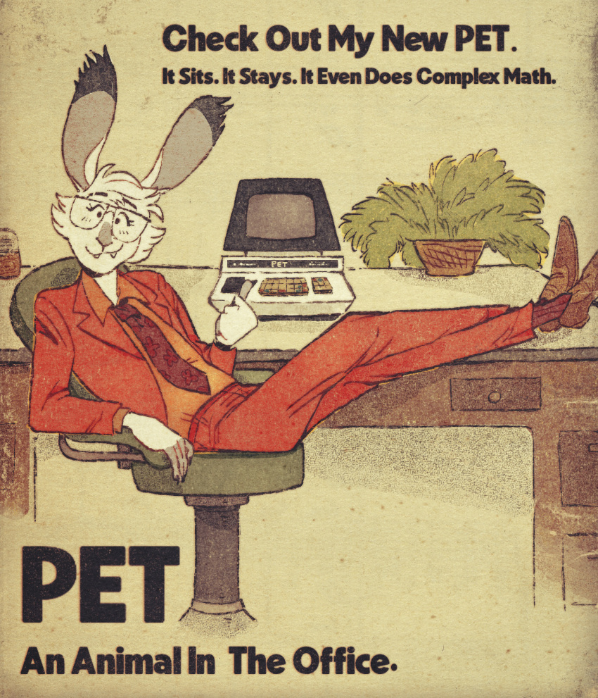 advertisement ambiguous_gender anthro bottomwear chair clothing commodore_pet computer english_text eyewear fangs feet_on_table fur furniture gesture glasses hair hi_res lagomorph leporid long_ears looking_at_viewer mammal necktie office_chair orange_bottomwear orange_clothing orange_necktie orange_pants orange_suit pants plant pointing possessed_pasm rabbit reclining solo suit teeth text vintage white_body white_fur