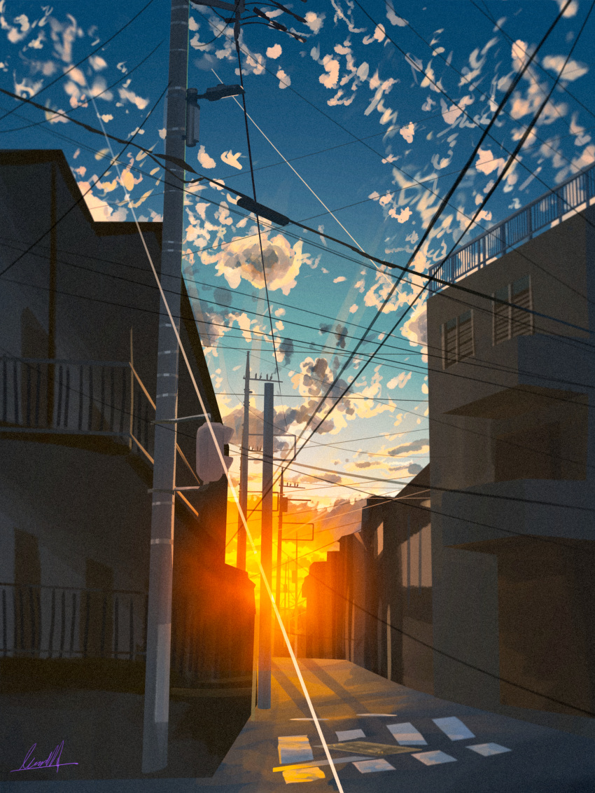 absurdres banishment blue_sky building cloud highres original outdoors power_lines railing road scenery signature sky street sunset utility_pole