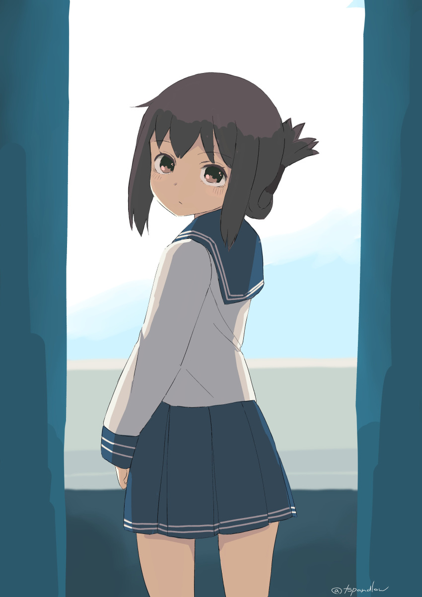 1girl absurdres black_sailor_collar black_skirt brown_eyes brown_hair cowboy_shot curtains folded_ponytail highres inazuma_(kancolle) kantai_collection long_hair long_sleeves looking_at_viewer looking_back one-hour_drawing_challenge pleated_skirt sailor_collar school_uniform serafuku shirt skirt solo toplow white_shirt window